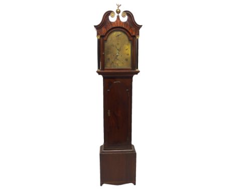 A 19th Century mahogany longcase clock the brass face inscribed Alex Will Huntly with subsidiary dials flanked by foliage, 20