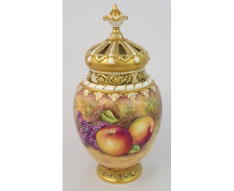 A Royal Worcester Crown top fruit painted ginger jar by T Nutt painted with apples and blackberries, ginger jar with lid and 