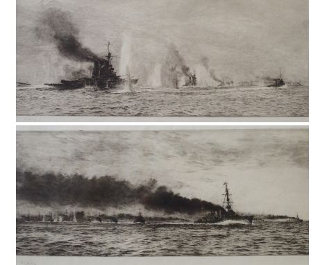 WILLIAM LIONEL WYLLIE RA, RE, RBA, RI, NEA (British 1851 - 1931) BATTLESHIPS IN ACTION Drypoint etching, signed, 17 x 42cm (6