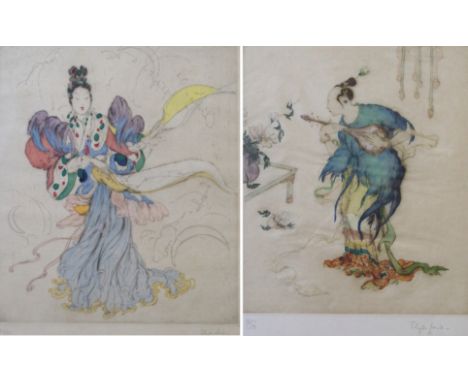 •ELYSE ASHE LORD RI (British 1900 - 1971) BANJO PLAYER, CHANG'S FLIGHT TO THE MOON Drypoint etching in colours, signed and nu