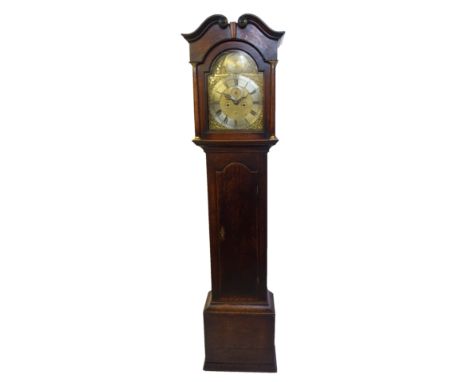 An oak longcase clock the brass face named to James Miller, Alloa, surrounded by scroll spandrels, silvered dial enclosing a 