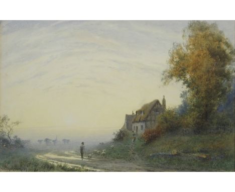 CHARLES A WILKINSON (British fl. 1881 - 1925) SHEEP BY A COTTAGE AT DUSK Watercolour, signed and dated (19)17, 34 x 52cm (13 