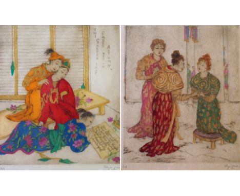 •ELYSE ASHE LORD RI (British 1900 - 1971) FLOWERS OF JADE, THE CONVERSATION Drypoint etching in colours, signed and numbered 