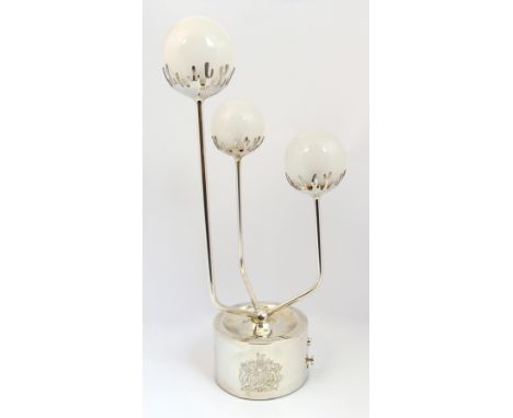 The Queen's 1977 Jubilee silver table lamp by Mappin & Webb, London 1977, the weighted cylindrical base supporting three slen