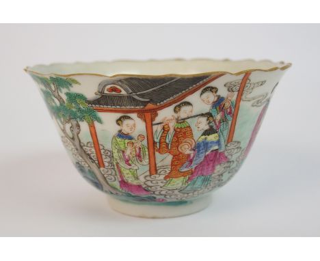 A Chinese rice bowl painted with a group of figures with girls standing on clouds beneath a pavilion and amongst trees, Jianq