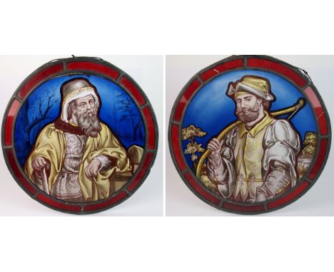 Two 19th Century painted and leaded glass circular window roundels each roundel within leaded glass border, the centres paint