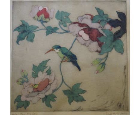 •ELYSE ASHE LORD RI (British 1900 - 1971) KINGFISHER Drypoint etching in colours, signed and numbered 30/75, 30 x 31cm (11 3/