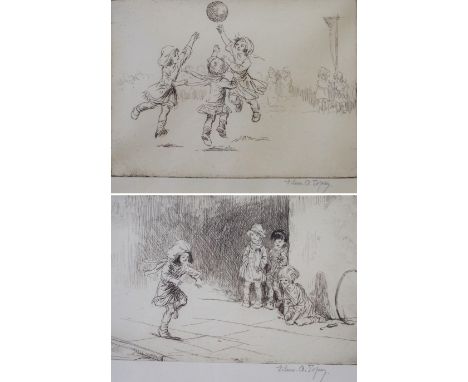 •EILEEN ALICE SOPER (British 1905 - 1990) HOP SCOTCH, NETBALL Etching, signed, 11 x 17.5cm (4 1/2 x 7"), 12.5 x 17.5 (5 x 7")