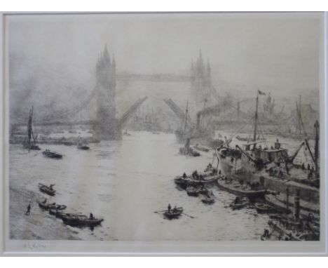 WILLIAM LIONEL WYLLIE RA, RE, RBA, RI, NEA (British 1851 - 1931) THE TOWER BRIDGE Drypoint etching, signed, 24.5 x 34.5cm (9 