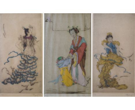 •ELYSE ASHE LORD RI (British 1900 - 1971) FLAMENCO DANCER I, FLAMENCO DANCER II, LADY AND CHILD Drypoint etching in colours, 