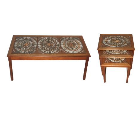 A Toften Danish teak rectangular coffee table the top inset with eighteen tiles forming three oval abstract medallions, 100cm