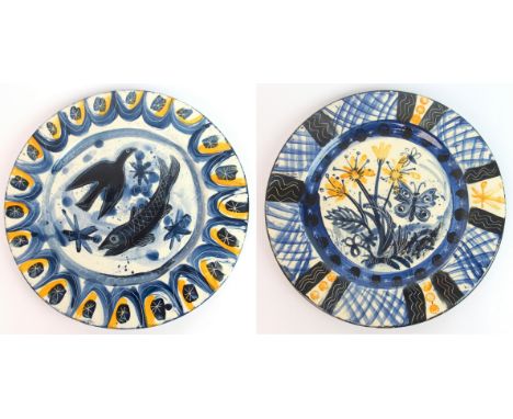 Mark Hearld ceramic charger 'Bird and Fish' the hand painted charger painted with central depiction of a naive bird and fish 
