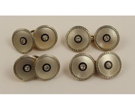 A set of Art Deco diamond set cufflinks and studs superb quality in 18ct yellow gold and platinum, with black enamel rondels 