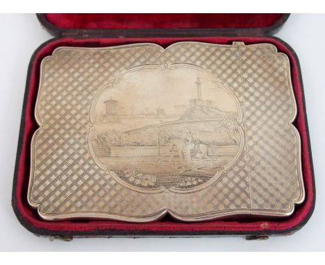 A silver card case by Nathaniel Mills, Birmingham 1842, of shaped rectangular form with chequered engine turned decoration, t