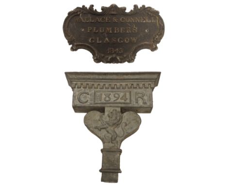 A Victorian lead rain hopper the dentil cornice above C R monogram and dated 1894, above lion rampant, formerly from the Bota