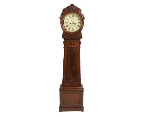 A Victorian mahogany drumhead longcase clock the painted dial with Roman numerals and subsidiary dials above a tapering case,