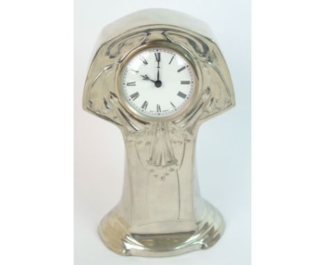 An Art Nouveau style pewter mantle clock signed, Kayserzinn, the modern clock with embossed stylised flowers, the reverse dec