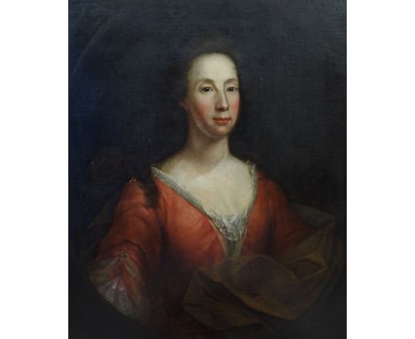 BRITISH SCHOOL (18th Century) PORTRAIT OF A LADY IN A RED DRESS Oil on canvas laid on board, 74 x 61cm (29 x 24")