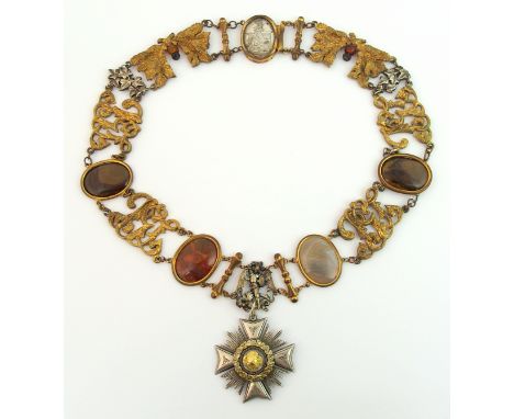 A 19th Century Masonic continental metal collar the cross with laurel wreath and central floral engraved boss and radiating q
