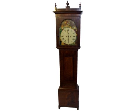 A Victorian mahogany longcase clock the enamel dial painted with 'The Thunder Storm' above The Four Seasons with subsidiary d