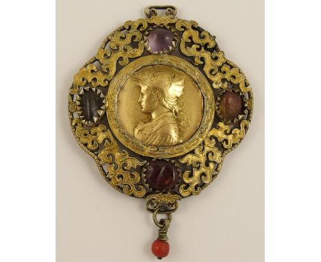 A pendant featuring a yellow metal Art Nouveau style plaque of' Marianne' symbol of the French Republique the cast plaque tes