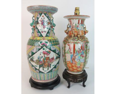 A Canton famille rose baluster vase adapted as a lamp painted with panels of figures in gardens within geometric and foliate 