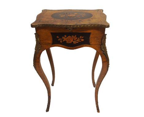 A Louis XV style walnut and marquetry serpentine shaped bijouterie cabinet converted to a tea caddy, the hinged top above scr