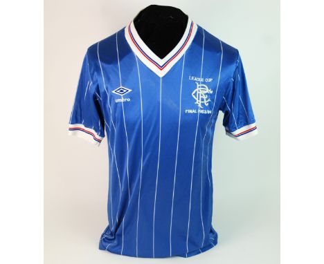 A blue Rangers v. Celtic 1983-84 Scottish League Cup final short-sleeved shirt No.2, with v-neck collar and embroidered badge