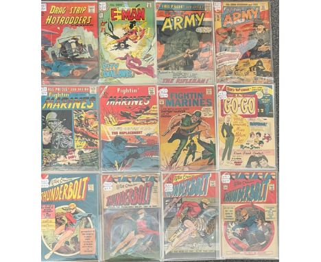 Selection Of Charlton Comics Titles To Include: Drag Strip Hot Rodders 1963 first Edition: All New E-Man 1970s No5: Fightin A
