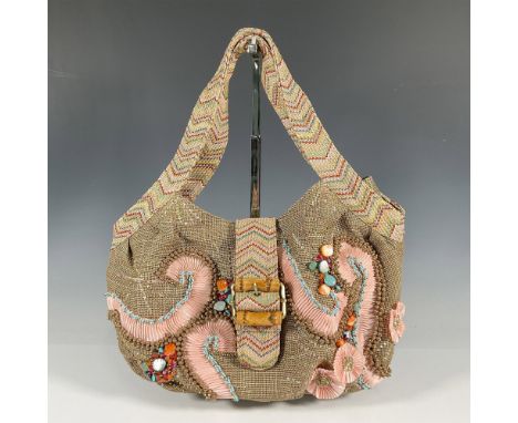 Large burlap satchel style shoulder bag. The design looks like a day at the beach. The peach accordion ribbon forms swirls an