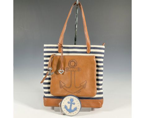 Navy and cream striped canvas handbag with tan leather bottom and large outer zippered section with imprinted anchor. Interio