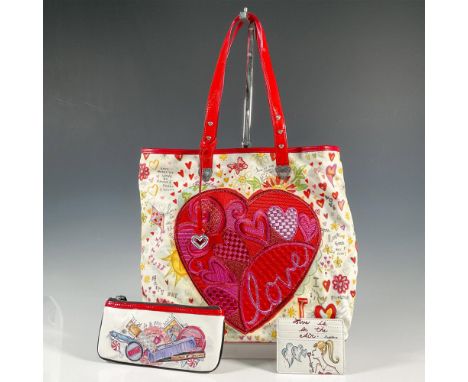 Bright happy handbag with large red heart, flower and positive motif, interior pockets, magnetic closure, red leather straps 