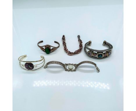 Five sterling silver bracelets with rhinestones and other gems including one by Milor Italy that measures 7.5"L, Navajo brace
