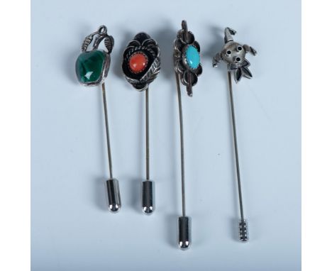 Great collection of fun and different sterling silver stick pins. Turquoise, malachite, and coral adorn three of the pins. Th
