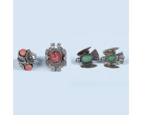 Two lovely decorative rings with coral stones. The earrings a charming birds with turquoise stones and screw backs. All stone