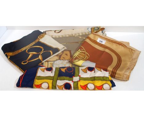 A Hermes Coach and Saddle scarf by Phillipe Ledoux, two other horse themed scarves and a&nbsp;Fisba Stoffels silk scarf decor