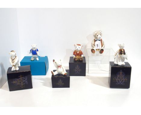 Six Royal Crown Derby Teddy paperweights including Scottish Teddy/Fraser, Blue Bow Tie Teddy, both with gold stoppers and fou