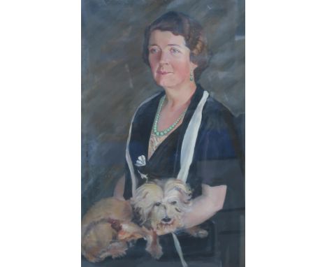 ENGLISH SCHOOL&nbsp;Portrait of a lady with dog, signed, oil on canvas, 91 x 55cm Condition Report:Available upon request