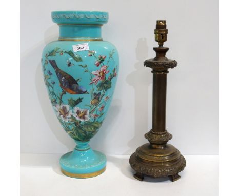 A Victorian turquoise glass vase painted with a bird and butterfly amongst flowers, together with a brass table lamp Conditio