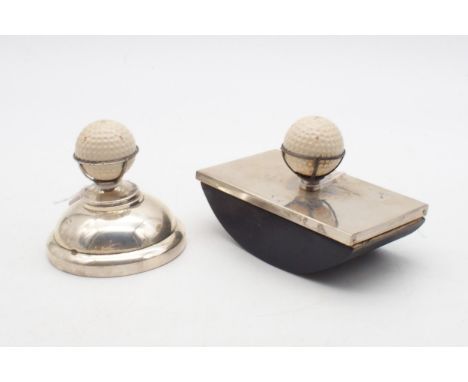 A George VI silver golf-themed inkwell and desk blotter, the tops inset with Dunlop golf balls, by&nbsp;Sanders &amp; Mackenz