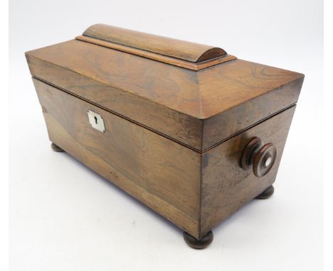A Victorian rosewood sarcophagus-form tea caddy, with mother-of-pearl-inlaid turned handles and escutcheon&nbsp; Condition Re