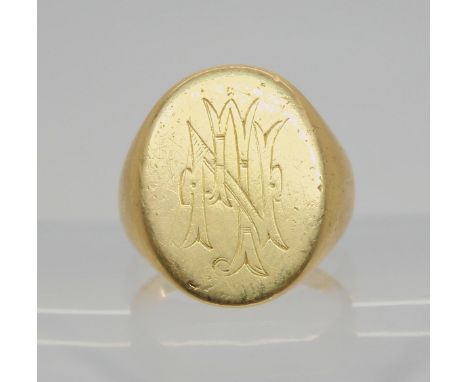 An 18ct gold signet ring , hallmarked Chester 1910, size R, weight 14.2gms&nbsp; Condition Report:Available upon request