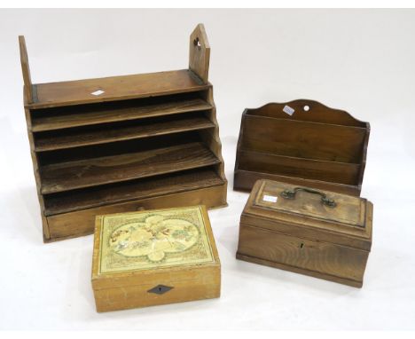 Wooden wares, comprising a mahogany tea caddy, retaining its original lead containers and lined in attractive marbled purple 
