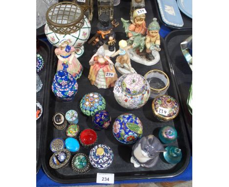A Royal Copenhagen cat, unmarked Glasform apple and pear paperweights, white metal trinket boxes, cloisonné items etc Conditi
