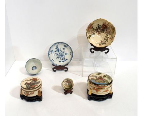 A Worcester teabowl and saucer, a satsuma bowl, two trinket boxes and a miniature dish Condition Report:Available upon reques