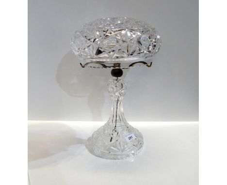 A cut glass table lamp with mushroom shade Condition Report:Available upon request