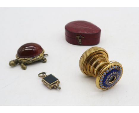 A charming yellow metal and enamel six-draw opera telescope fob, in velvet-lined fitted case; together with a watch key set w