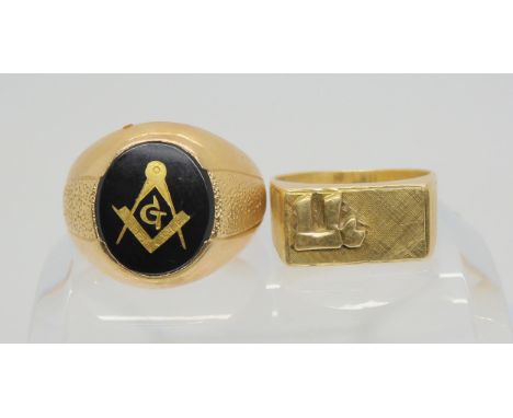 A 14k gold Masonic signet ring, size Q, together with a further 14k gold signet ring, size K, weight together 12gms Condition