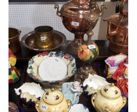 A Moorcroft Hibiscus pattern table lamp with silvered base, a Doulton anemone decorated bowl, a pair of continental posy hold