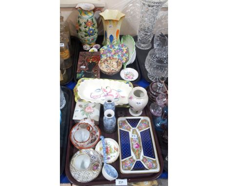 An assortment of decorative cermics including a pair of Lladro Chinese style vases, Spode ladle, Limoges tray, Royal Winton c